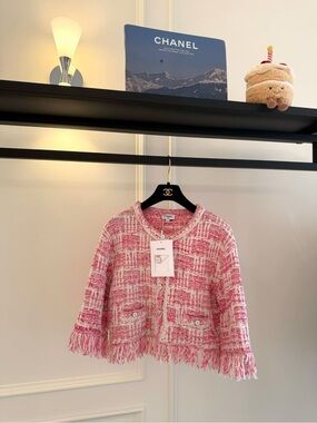 CHANEL Pink and White Tweed Kids Jacket with Fringe Trim